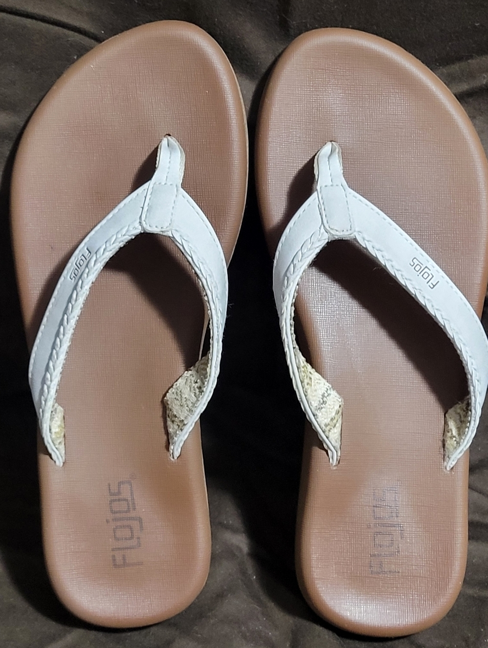 Flojos White Strap Brown Footbed Flip Flops